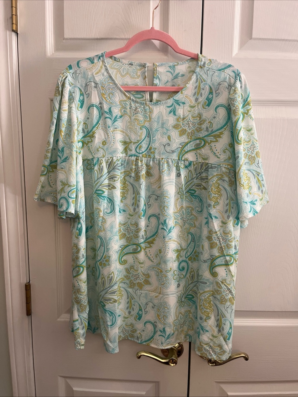 Women’s Paisley Short Sleeve Blouse - Light Blue & Green